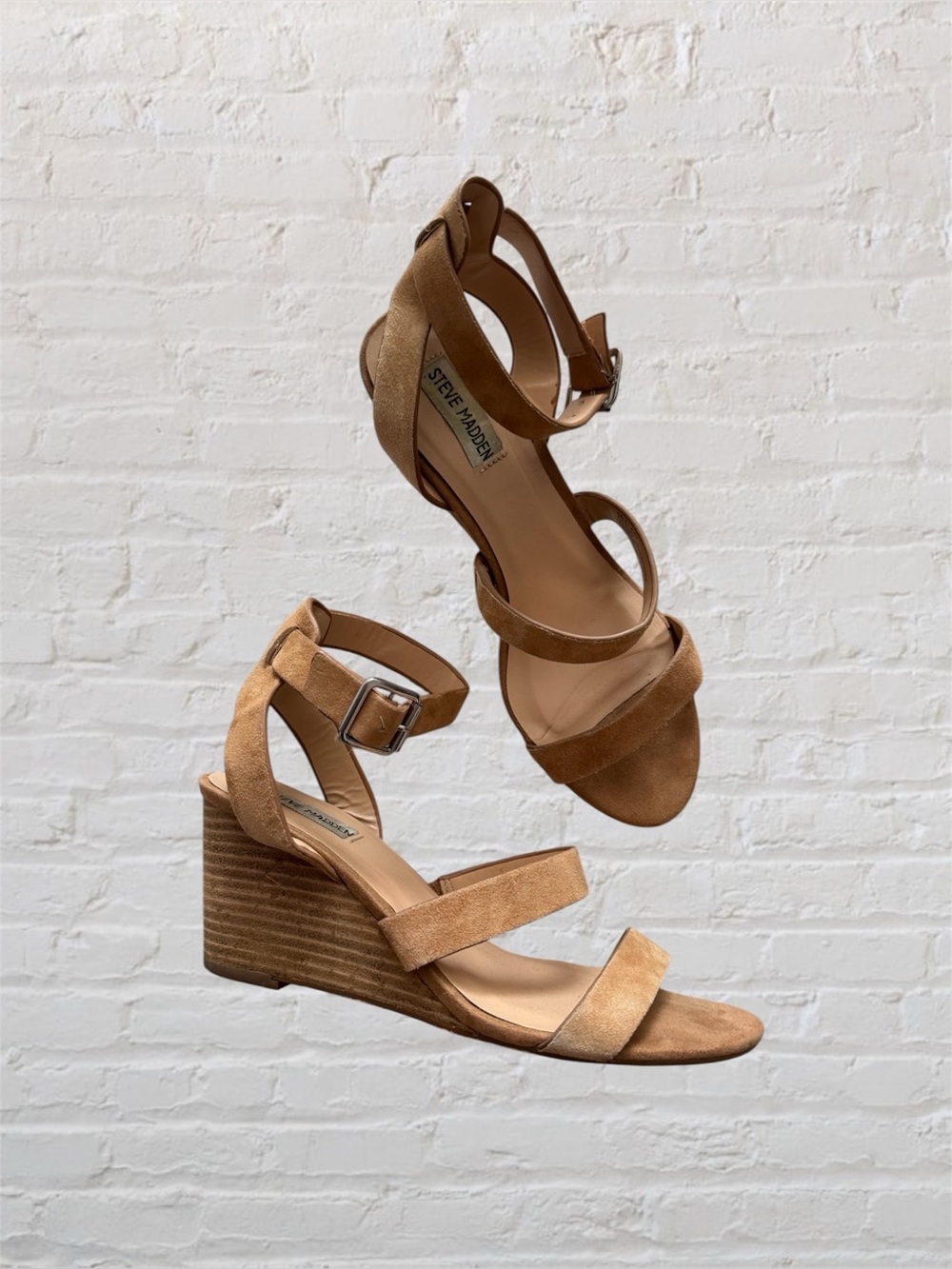 Steve Madden Caley leather suede caramel tan strappy wedge sandals